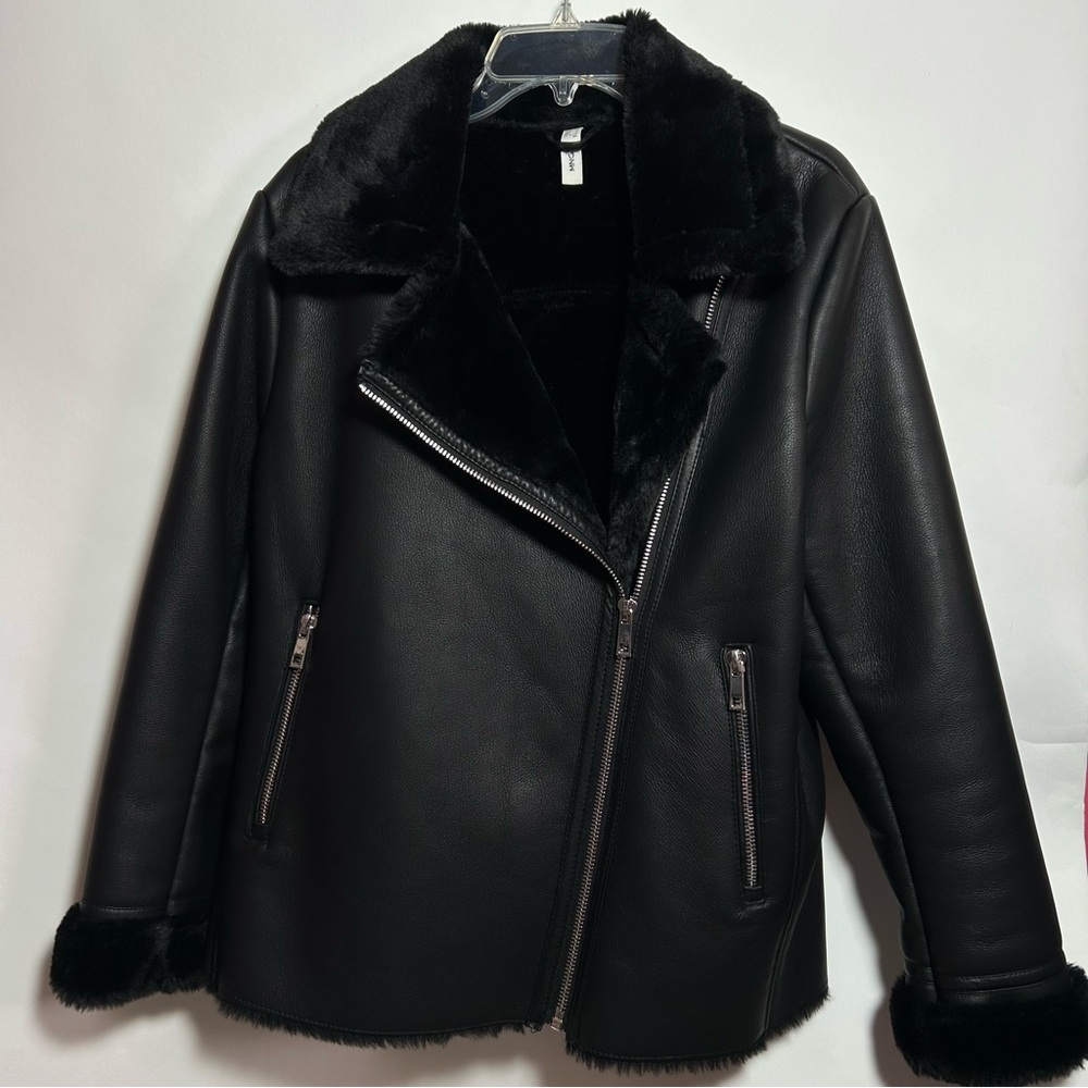 Mango Faux Shearling Moto Biker Coat Large